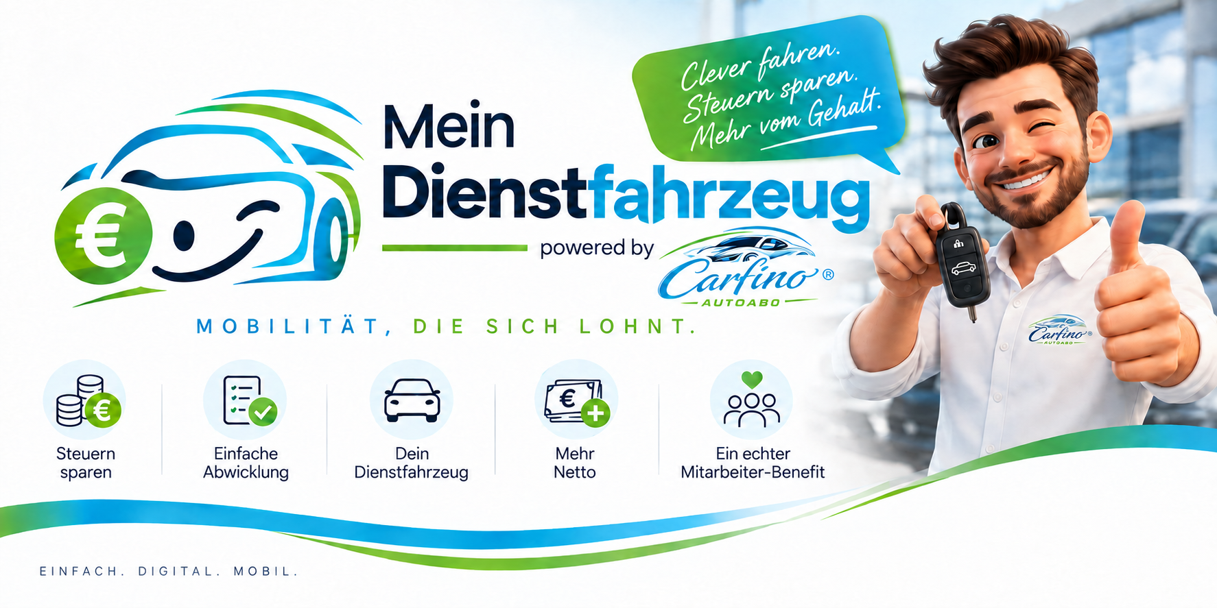 Mein Dienstfahrzeug powered by Carfino. Clever fahren, Steuern sparen, mehr vom Gehalt.